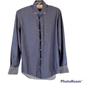 Zara Man Button Down Shirt Sz. Small Flip Cuffs Blue Layered Collar Slim Fit